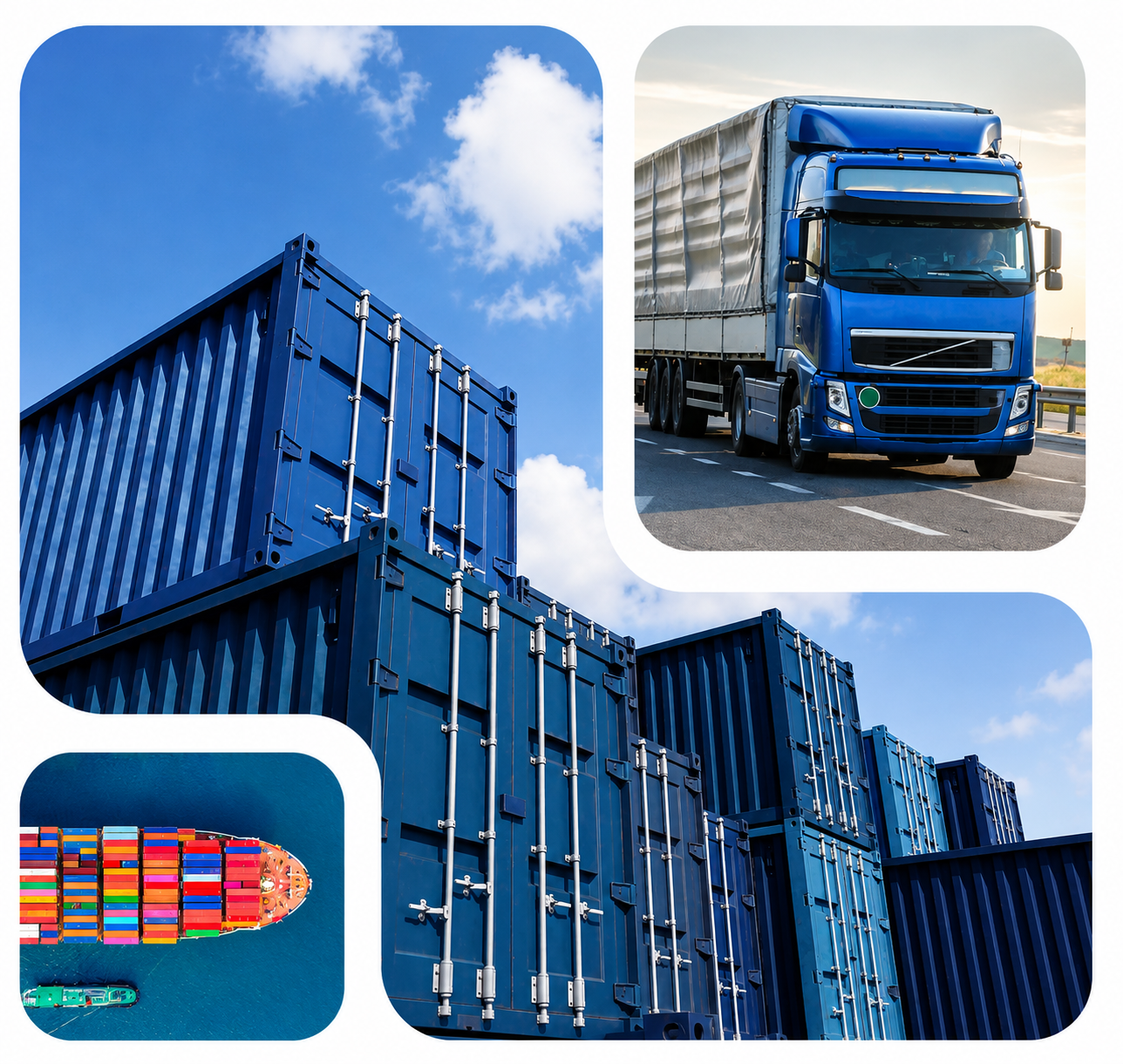 Logistics containers, truck and cargo ship